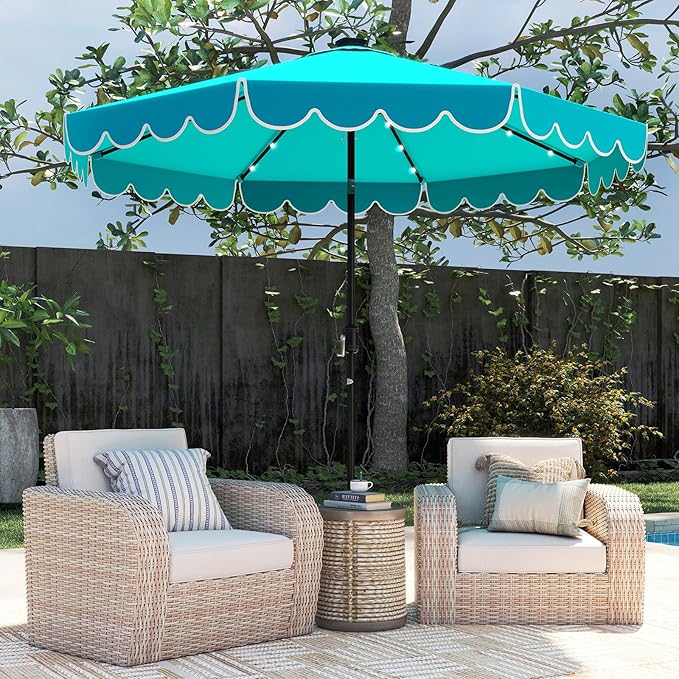 Tangkula 10FT Solar LED Patio Umbrella, 2-Tiers Scalloped Outdoor Table Market Umbrella with 24 LED Lights, Vented Top, Tilt Adjustment, Crank, 8 Ribs for Backyard Poolside Deck Beach Lawn (Turquoise)