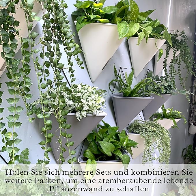 LaLaGreen Succulent Wall Planters - 2 Pack, 12 Inch Large Self Watering Wall Hanging Planters for Indoor Plants Gray Wall Mount Triangle Geometric Flower Vase Pot Black Metal Hanger Living Wall Decor
