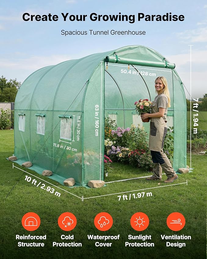 VEVOR Walk-in Tunnel Greenhouse, 10 x 7 x 7 ft Hoop House Greenhouse Tunnel with Watering System, Plant Hot House with Steel Frame, PE Cover, Roll-Up Zipper Door and 6 Windows for Outdoors, Green