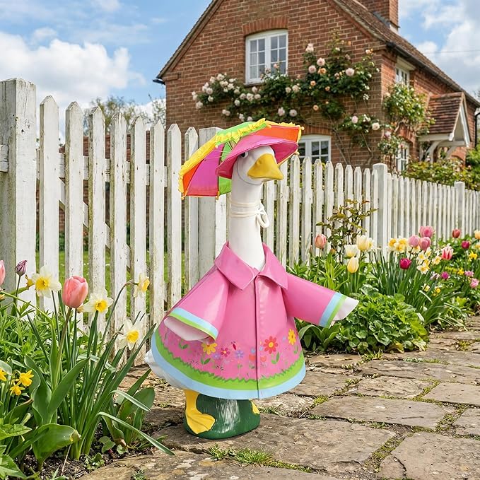 DECOHS 3 Pcs/Set Raincoat Porch Goose Outfits, Summer Lawn Goose Statue Raincoat Costume, Yard Goose Clothes Raincoats Umbrella Hat Outfit for 23" Statue Patio Garden Decoration (Rosy)