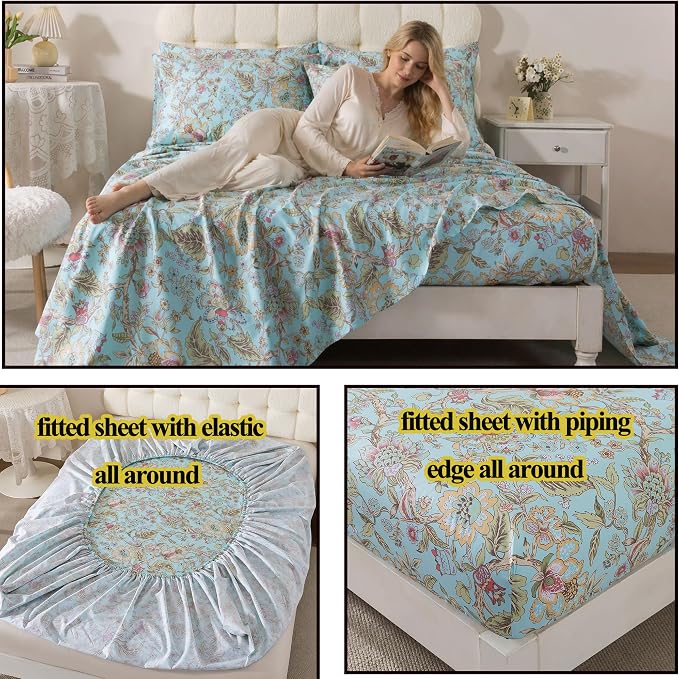 FADFAY Twin XL Sheets 4Pcs Blue Floral College Bedding 100% Egyptian Cotton Dorm Room Bedding, Soft Cooling Breathable Dorm Sheets Extra Long with Deep Pocket Luxury Hotel Quality for All Seasons