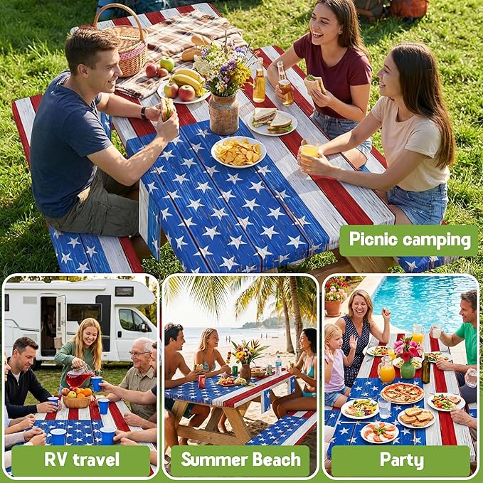 Picnic Table Cover with Bench Covers Waterproof Rectangle Tablecloth Camping Essentials Supplies Rv Travel Gear Must Haves Accessories Fitted Table Cloth Outdoor Road Trip Camper Gifts American Flag