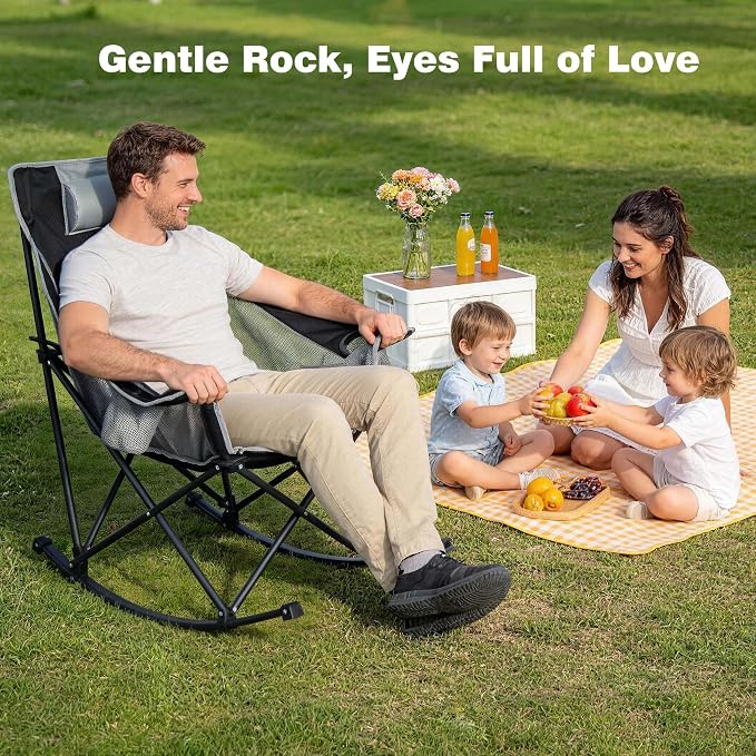 SUNNYFEEL Rocking Camping Chair 2 Pack, Outdoor Oversized Folding Lawn Chair with Pocket, Heavy Duty for Outdoor/Picnic/Lounge/Patio, Portable Camp Rocker Chairs with Carry Bag