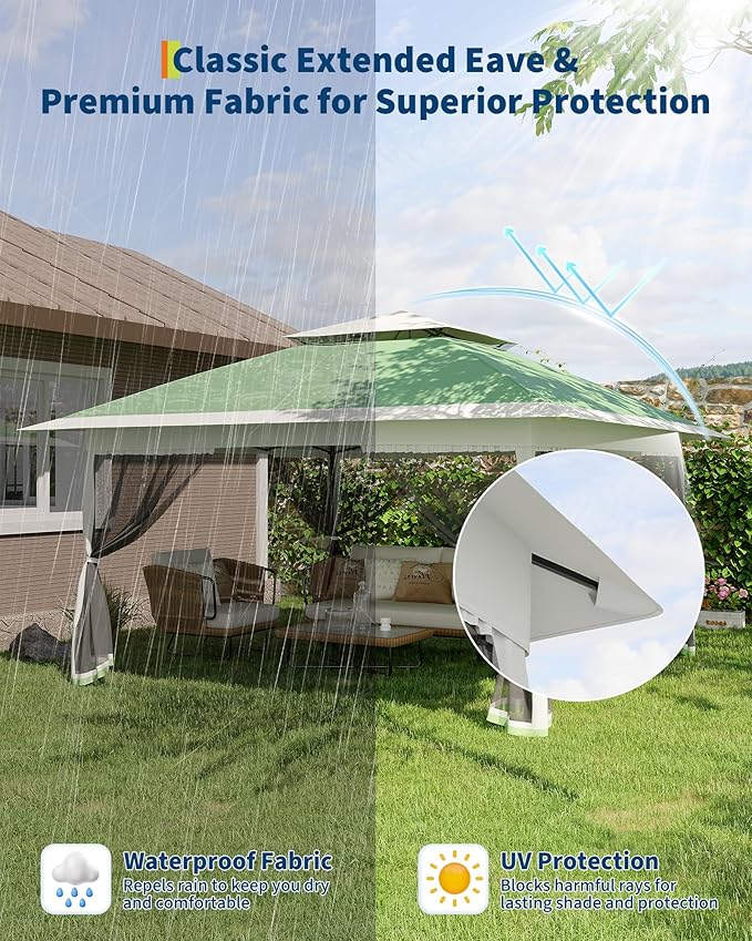 GarveeLife Canopy Tent 12x12 ft, Pop Up Gazebo One-Push Setup with 4 SandBags for Backyard Parties and BBQs, Mosquito Netting & Height Adjustable - Olive Green