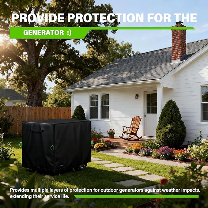 Waterproof Generator Cover. 30L×30W×27H Inches, Equipped with A Wind-resistant Securing Rope. Suitable for Most Generators 5000-12000 Watts. Black.