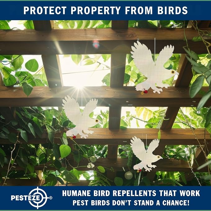PESTEZE USA Owl Bird Repellent Holographic Decoy with 2 Bells [12.5 × 16 in] Uses Reflective Shine and Sound to Deter Woodpeckers, Pigeons, Crows, Ducks, Geese & Outdoor Pests Safely Around Your Home