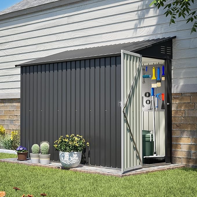 YOPTO 4x8 FT Lean to Outdoor Storage Shed,Metal Shed W/Floor Frame & Reversible Installation,All Weather Waterproof Garden Tool House W/Lockable Door & 2 Air Vents,for Backyard,Patio,Lawn,Black