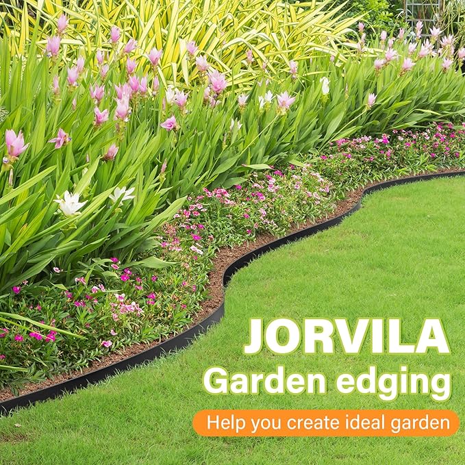 Jorvila Landscape Edging, 1.5" x 60' Plastic Garden Edging with 60 Pcs Metal Spikes, Flexible Garden Border for Lawn, Landscaping, Flower Beds