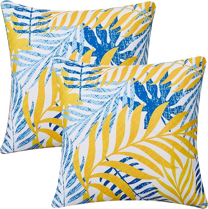 Allorry Outdoor Pillow Covers 20x20 Set of 2 Hawaii Tropics Palm Leaves Blue Yellow Floral Pattern Decoration Pillow Covers for Spring Summer Outdoor Waterproof Garden Patio Sofa Bed Decor JB010-D20