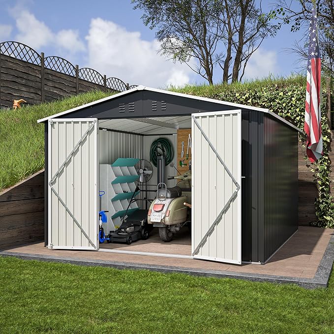 YOPTO 10 x 10 FT Outdoor Storage Shed,Heavy Duty Tool Sheds Metal Storage Garden Shed with Sloped Roof and Lockable Doors,Large Metal Storage Sheds for Backyard Patio Lawn, Black