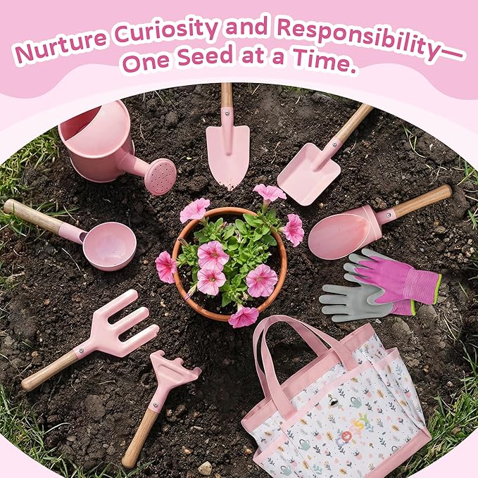 Cossy Kids Gardening Set, 13PCS Garden Tool Kit for Kids and Toddlers Boys Girls, Includes Tote Bag, Watering Can, Shovels, Rake, Kids Gardening Gloves, Apron and More, Pink