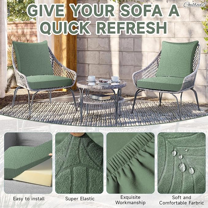CALBODE 8Pcs Stretch Couch Cushion Covers, Water Resistant Outdoor Sofa Cuhsion Cover Replacement,Washable Outdoor Patio Chair Seat Cushion Covers for Furniture Protect (Sage Green, Leaf Textured)