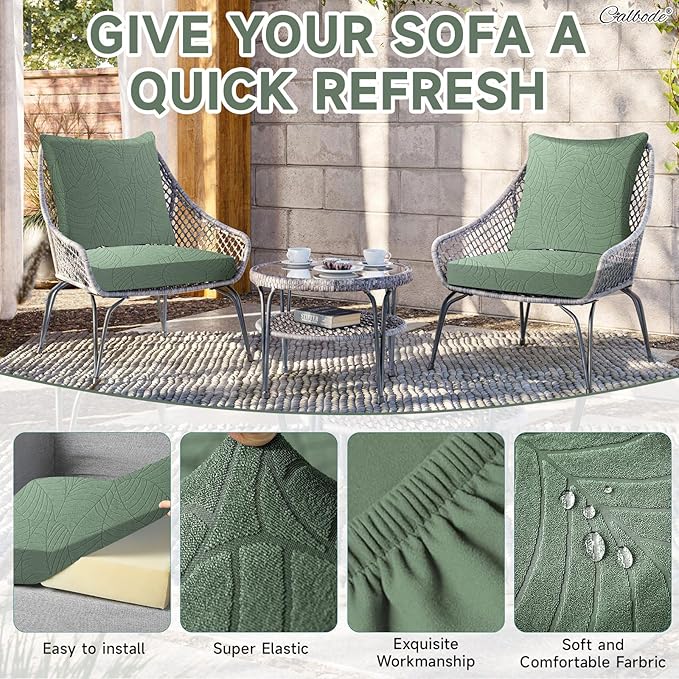 CALBODE 12Pcs Stretch Couch Cushion Covers, Water Resistant Outdoor Sofa Cuhsion Cover Replacement,Washable Outdoor Patio Chair Seat Cushion Covers for Furniture Protect (Sage Green, Leaf Textured)