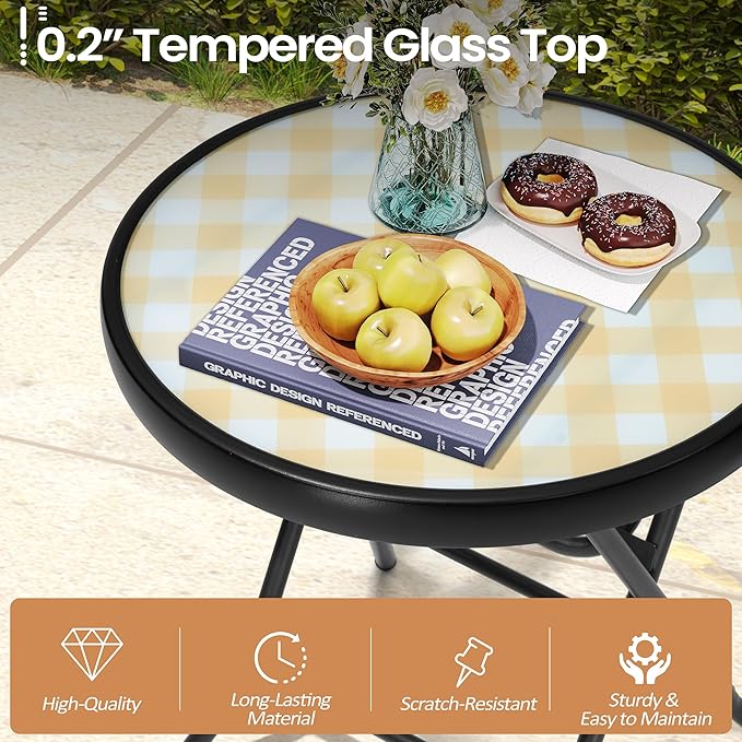 Foldable Side Table with Tempered Glass Top 18" Outdoor Folding Side Tables Small Glass Patio Table for Porch Yard Balcony Deck Lawn Dining Garden (Yellow)