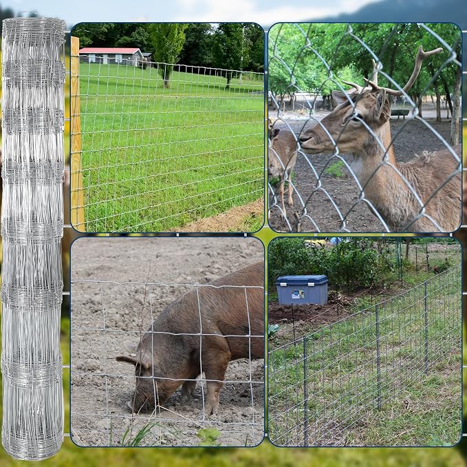  Farm Fence, 4Ft x 328Ft Galvanized Wire Fencing, Goat Cattle Deer Livestock Fence, Heavy Zinc Goat Fences for Goat Deer Yard Livestock Protection
