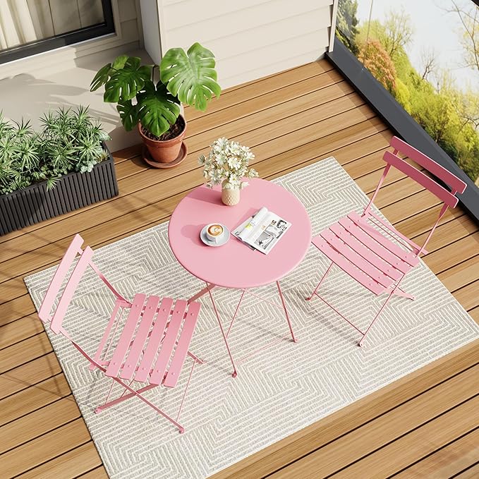 3-Piece Folding Bistro Set Outdoor Patio Furniture, Space-Saving Foldable Chairs & Table Capacity Heavy-Duty Powder-Coated Steel Frame, No Assembly Required for Garden, Balcony, Backyard, Pink