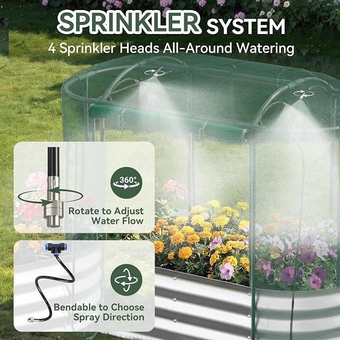 Lineware Raised Garden Bed with Sprinkler Timer and Self-Watering System, 4x2x1 ft Elevated Planter Boxes Outdoor with Mesh Cover, Galvanized Raised Beds for,Vegetables,Flowers, Backyard, Patio