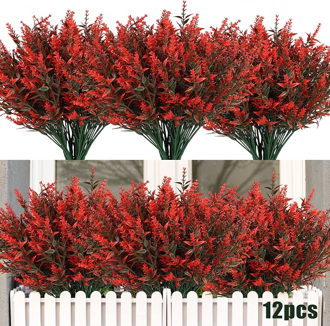 RECUTMS Artificial Outdoor Plants UV Resistant Fake Greenery Lavender 12 Pcs UV Resistant Hanging Planter Flora Fence Indoor Outside Decor Wedding Table Flowers Arrangement Bouquet Filler(Orange)