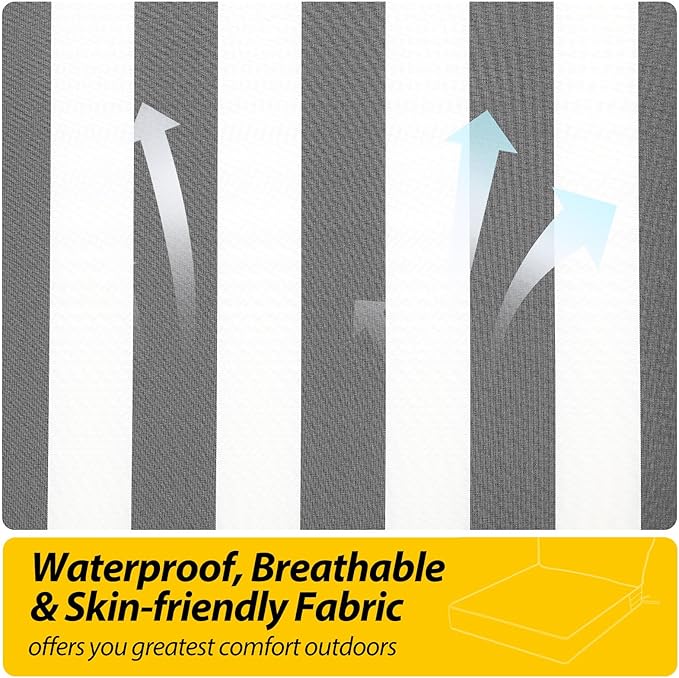 AAAAAcessories Outdoor Seat Cushions for Chairs, Fade-Resistant, Waterproof Patio Furniture Replacement Cushions, 23" x 23" x 5" + 23" x 13.5", Gray Cabana Stripe