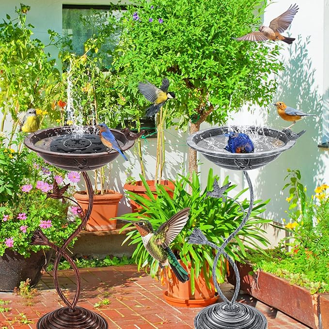 Bird Bath Garden for Outside, Vintage Metal Birdbaths Bowl with Roman Pedestal for Outdoors, Standing Bird Bath Bowl Birdfeeder for Yard Lawn Decor (Vintage Silver - Hummingbird)