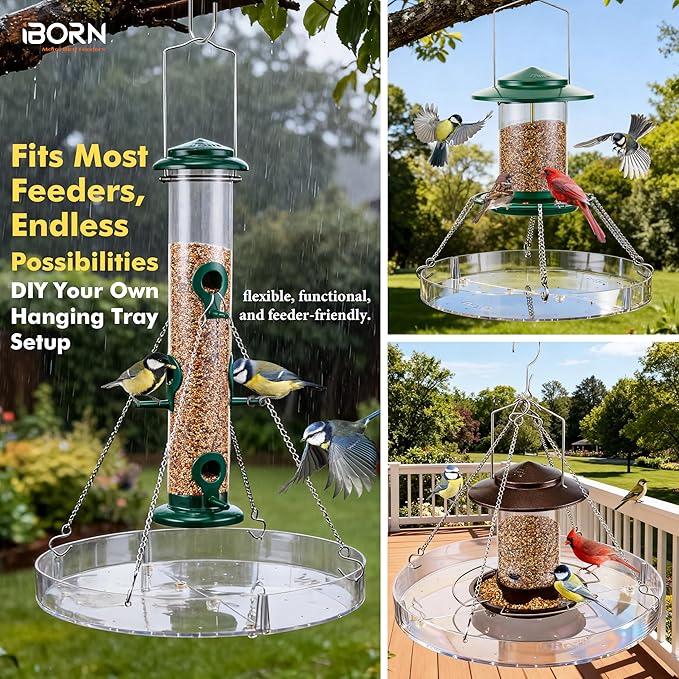 iBorn Bird Seed Catcher Tray, 5.9” Large Bird Feeder Tray Polycarbonate(PC), Squirrel Chew Proof Seed Catcher for Bird Feeder for Outdoors Hanging, Clear