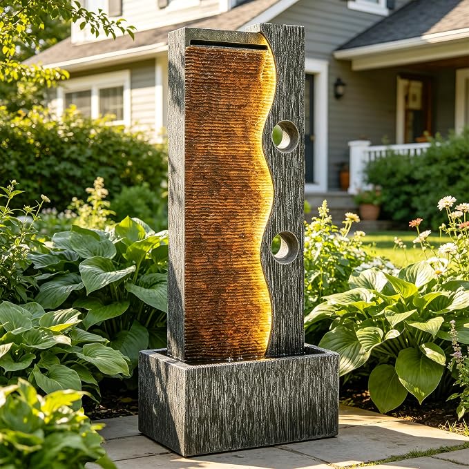 AUTODAYA 39.4" Tall Outdoor Water Fountain with LED Lights, Modern Zen Wall Resin Garden Fountain with Cascading Waterfall, Faux Slate Textures, Tranquil Water Feature for Patio, Garden, Deck or Porch