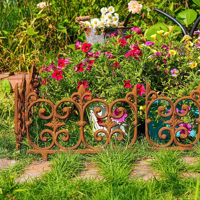 Sungmor Decorative Cast Iron Garden Edging, 4 Pack Full Rusted Victorian Garden Edging Landscape Border, Vintage Metal Yard Stake Low Picket Fence, 10.6" Tall Outdoor Flower Bed Lawn Fence Panels
