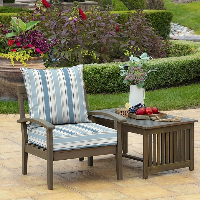 Arden Outdoor Foam Deep Seat Cushion (2-Pack), 22x24, Premium High-Density Foam, Never Flattens, Weather-Proof for Patio Chair Sofa Couch, French Blue Linen Stripe