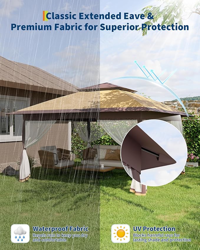 GarveeLife Canopy Tent 12x12 ft, Pop Up Gazebo One-Push Setup with 4 SandBags for Backyard Parties and BBQs, Mosquito Netting & Height Adjustable - Khaki & Coffee