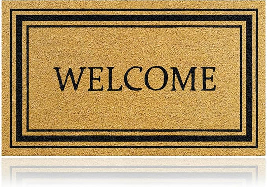 Stylish Welcome - 17"x29" - Coir Door Mat with Heavy Duty Backing - Welcome Mats for Entryway, Porch - Anti-Slip PVC & Coconut Fiber Surface - Natural Home Accessories, Minimalist Original Design