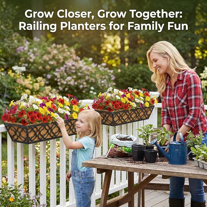 HFHOME 24 Inch Railing Planter Box with Coco Liners for Porch Fence Patio Balcony Hanging Flower Railing Baskets with Adjustable Brackets for Outdoor Garden - 6 Packs