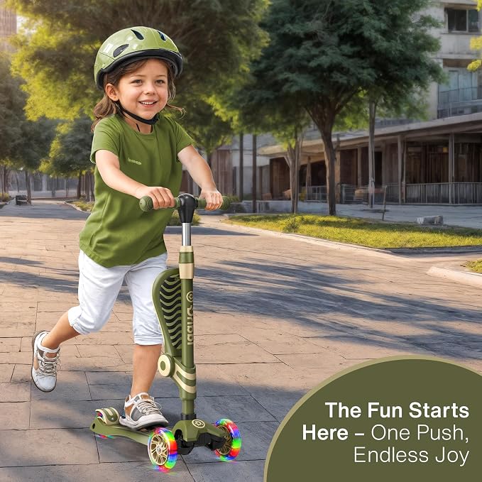 Army 3 Wheel Scooter with Seat for Kids, Light-Up Wheels, Adjustable Lean to Steer Handlebar and Seat, Smooth Wheels, Wide No-Slip Deck, Rear Foot Brake, Toddler Outdoor Toys for Ages 2+