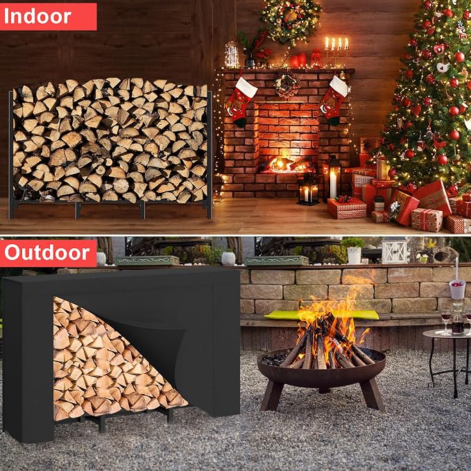 DIAMONDFORGE 4ft Firewood Rack Outdoor with Cover, Heavy Duty Fire Wood Stand, Metal Firewood Rack Indoor, Firewood Holder Storage, Log Wood Pile Racks Stand for Patio, Garden, Backyard, Matte Black