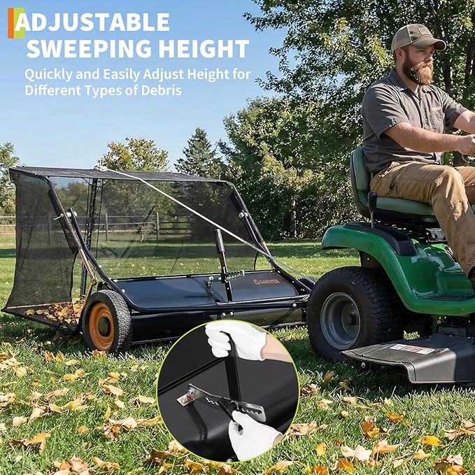 GarveeTech 44 Inch Lawn Sweeper Tow Behind, 26 cu. ft Large Hopper Grass Sweeper Tow Behind, Heavy Duty Leaf & Grass Collector, Adjustable Brush Height Lever and Dumping Rope, Pull Behind Sweeper Yard