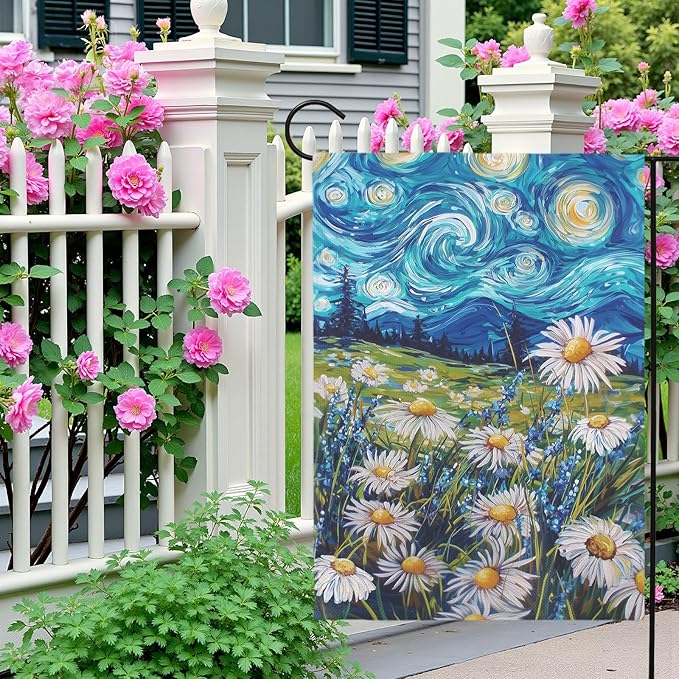 Spring Daisy Garden Flag Starry Night Van Gogh Style Yard Flags Vibrant Floral Meadow Landscape Seasonal Welcome House Banners for Summer Patio Lawn Porch Farmhouse Outdoor Decor 12x18 Inch