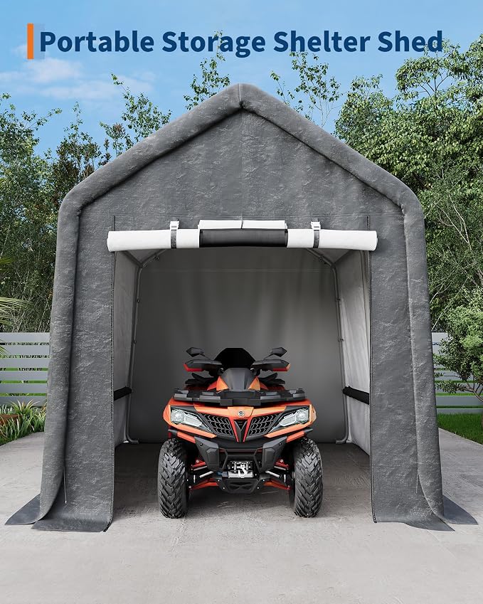GarveeLife Portable Outdoor Storage Shed with Roll-Up Zipper Door & Vent, 240G Heavy-Duty Shelter Waterproof PE Tarp, UV-Resistant Carport for Motorcycle, Firewood, Tools (Gray, 10'x10')