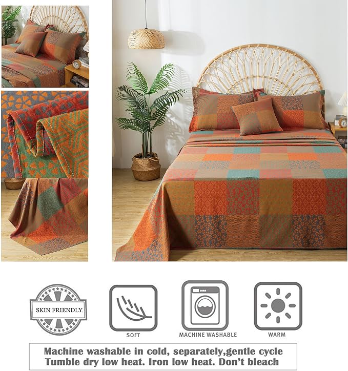 FADFAY Grid Sheets Set King Vintage Checkered Floral Bedding Shabby Geometry Farmhouse Bedding Super Soft Washed Double -Layer Muslin Sheets 100% Cotton Deep Pocket Fitted Sheet 4Pcs, King Size