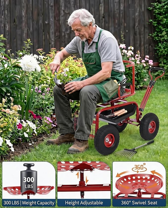 Rolling Garden Work Seat with Wheels, 360° Swivel Seat Gardening Cart with Extendable Steering Handle, Tool Tray and Storage Basket, 300 lbs Capacity, Gardening Stools for Patio, Yard, and Outdoors