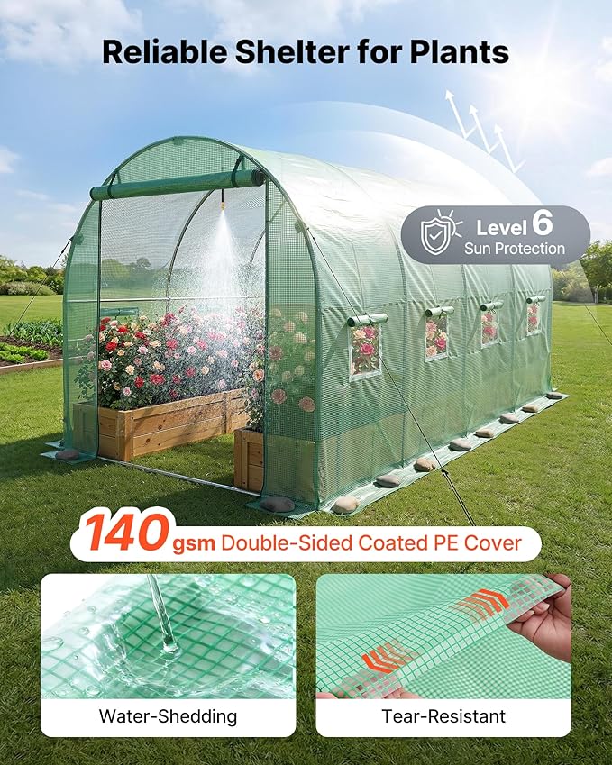 VEVOR Walk-in Tunnel Greenhouse, 15 x 7 x 7 ft Hoop House Greenhouse Tunnel with Watering System, Plant Hot House with Steel Frame, PE Cover, Roll-Up Zipper Door and 8 Windows for Outdoors, Green