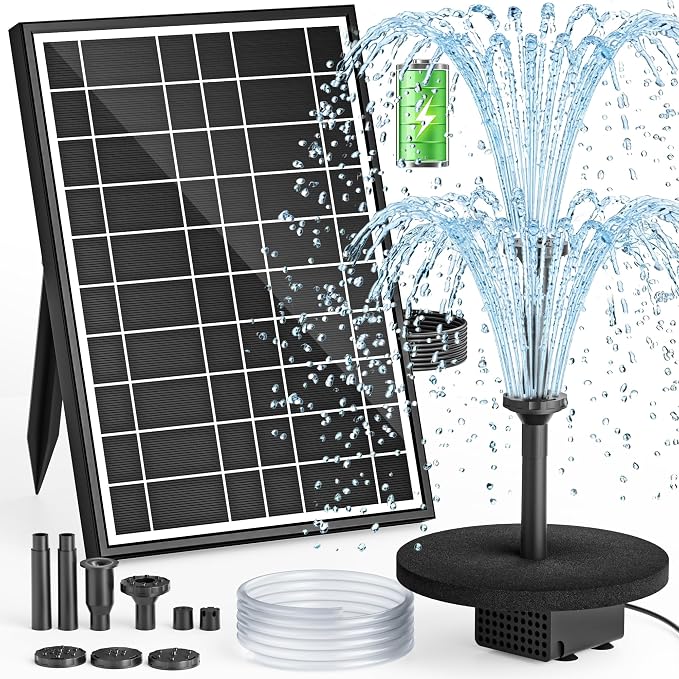 Solar Fountain Pump with Battery Backup, 8.5W Solar Water Pump Built-in 3200mAh Battery, Dual-Layer Nozzles 7+ Spray Modes & 5Ft PVC Tubing, Pond Fountain for Bird Bath Garden Water Feature