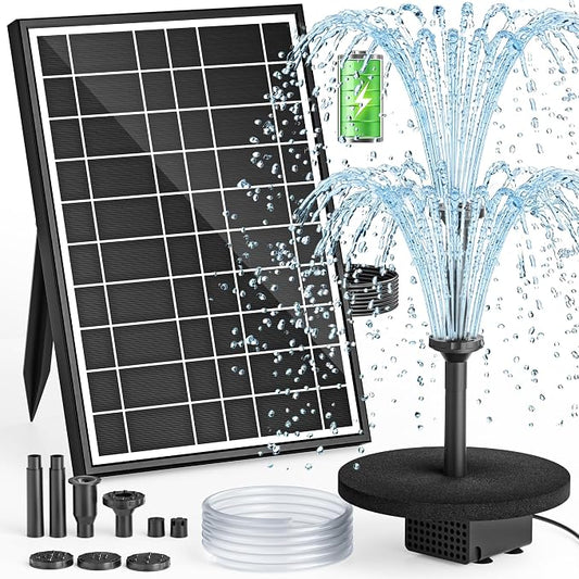 Solar Fountain Pump with Battery Backup, 8.5W Solar Water Pump Built-in 3200mAh Battery, Dual-Layer Nozzles 7+ Spray Modes & 5Ft PVC Tubing, Pond Fountain for Bird Bath Garden Water Feature