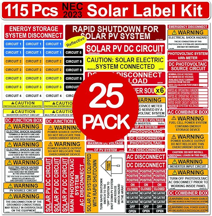 25 Packs of Ultimate 115 Pack 2017/2020/2023 NEC Code Compliant Photovoltaic Solar System Label Kit Electrical Panel Safety Stickers Outdoor Rated Laminated
