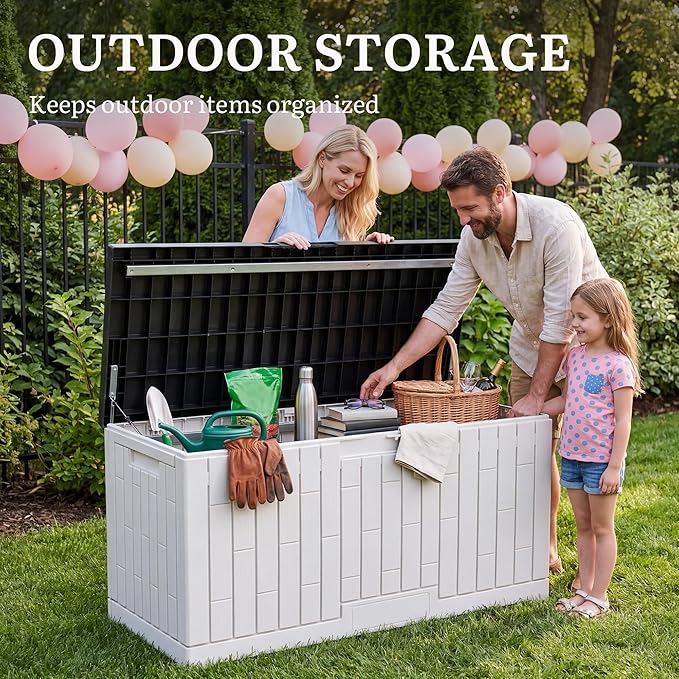 YITAHOME Large Deck Box 120 Gallon Resin Outdoor Storage Box w/Slide-Locking Black Lid, Patio Storage Bin for Outdoor Pillows, Garden Tools and Pool Supplies, Waterproof, Lockable, Grayish-White