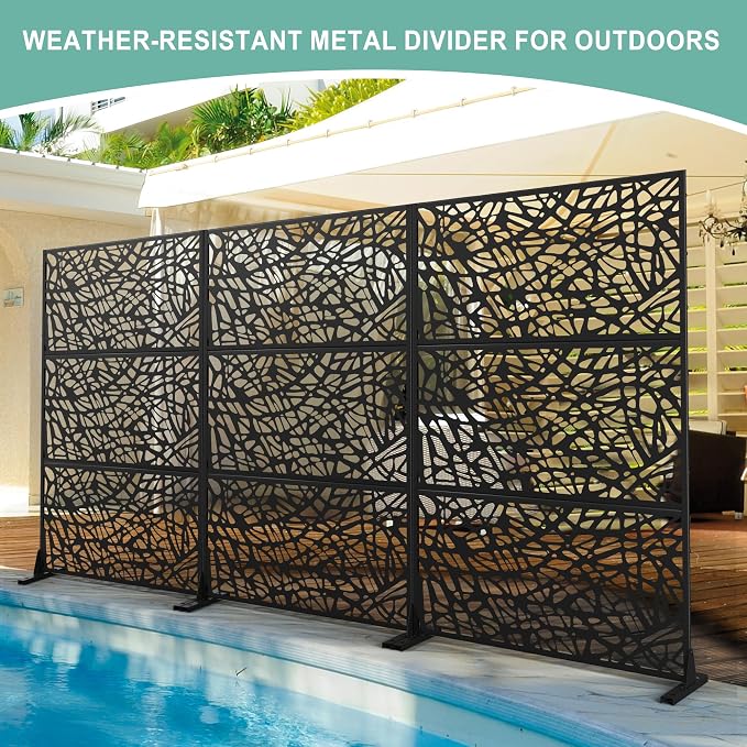 Metal Privacy Screen for Outdoor & Indoor Use, Free Standing Privacy Screen for Patio Garden Pool, 72" H x 47" W Decoative Privacy Panels, Weather Resistant, Easy Assembly (Black Net)