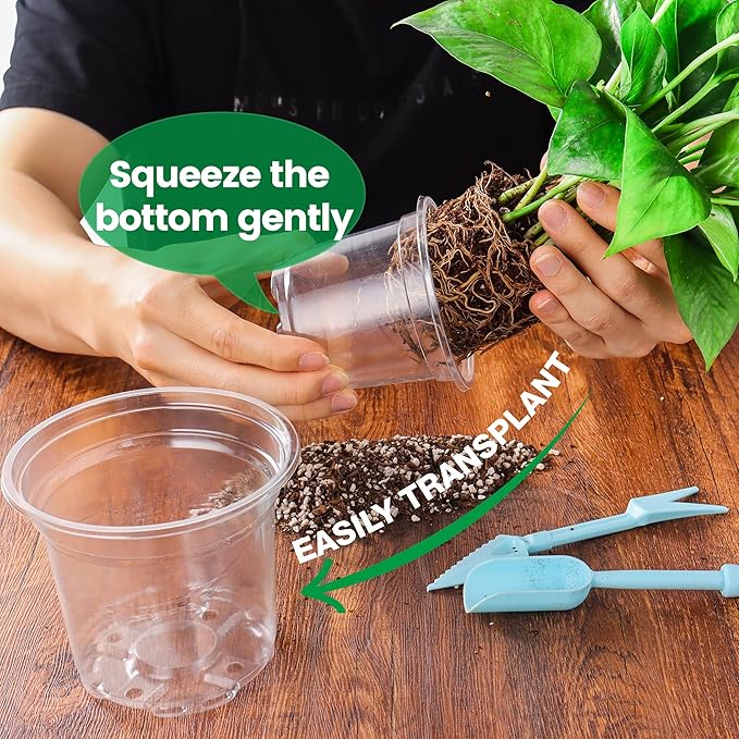 Bluepro 16 Pack 10/8/6/5 Inch Reinforced Large Clear Nursery Pots with Drainage Holes, Transparent Variety Pack Plastic Plant Pot for Vegetable Propagation, Root Cutting, Seed Starting