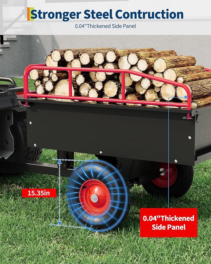750 LBS Heavy‑Duty Dump Cart, 13.5 Cu.ft Steel Lawn Mower Trailer & Garden Trailer, Quick‑Release Dumping ATV Dump Trailer & Garden Utility Cart for Yard Work, Landscaping, Farm & Lawn Mower Towing