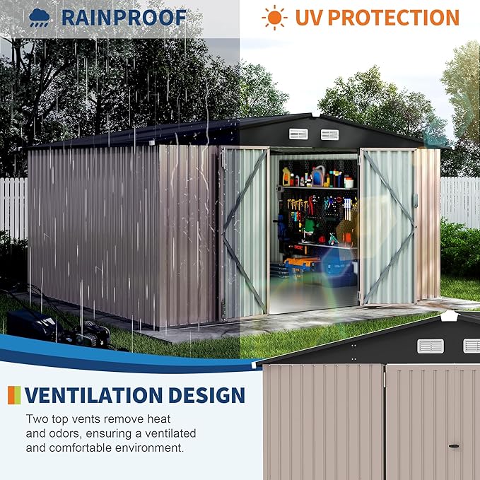 GarveeLife 10x12x6.4 ft Outdoor Storage Sheds with Floor, Metal Garden Tool Shed for Backyard, Large Metal Sheds Outdoor Storage With Lockable Doors & Air Vents for Backyard Garden Patio Lawn