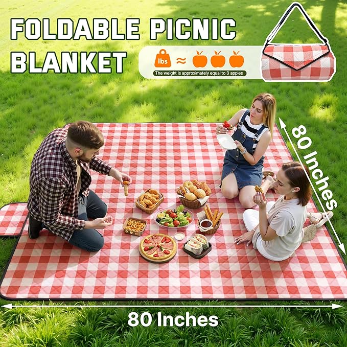 TigeJoy Extra Large Picnic Blanket Waterproof Foldable 80''x100'', Outdoor Picnic Mat Beach Blanket Sandproof for Park, Grass, Travel, Hiking, Camping Essentials, Gingham Picnic Blanket