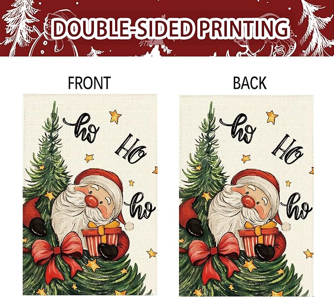 Christmas Tree Santa Claus Welcome Garden Flag 12x18 Inch Double Sided, Xmas Holiday Winter Burlap Small Yard Flag Farmhouse Flags Seasonal Patio Outdoor Outside Decoration