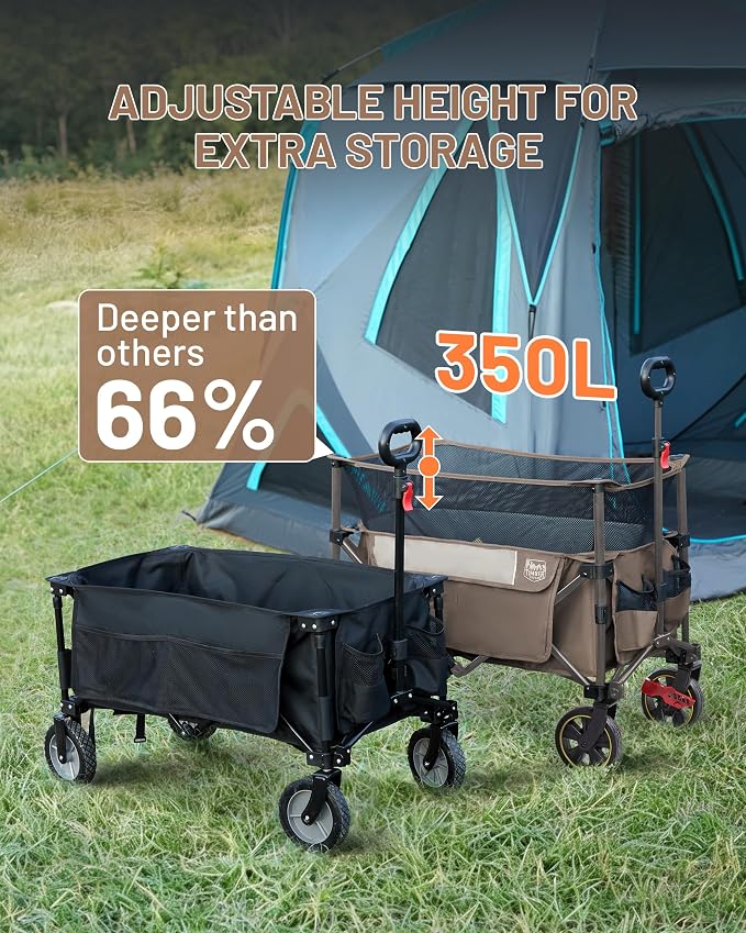 Timber Ridge 350L Extra Large Collapsible Folding Wagon Carts with Brake, Heavy Duty Outdoor Camping Utility Wagons with Extended Height, Adjustable Handle, Cup Holders, Side Bag(Tan)